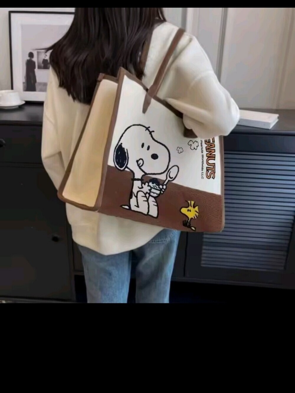 Canvas Snoopy Graphic Tote Bag - Brown & Cream
